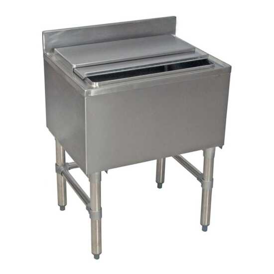 The Prepline 18" x 36" stainless steel underbar ice bin (119 lb. capacity) features a 12" bowl depth, offering ample ice storage and easy access, perfect for enhancing beverage service in commercial bars.