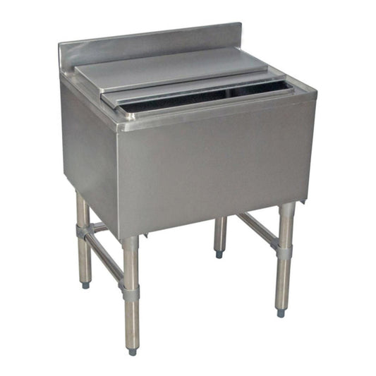 Compact Prepline 18" x 24" stainless steel underbar ice bin with a 77 lb. capacity and 12" bowl depth. Ideal for bars or small spaces, it provides efficient ice storage and accessibility while ensuring durability and a professional appearance.