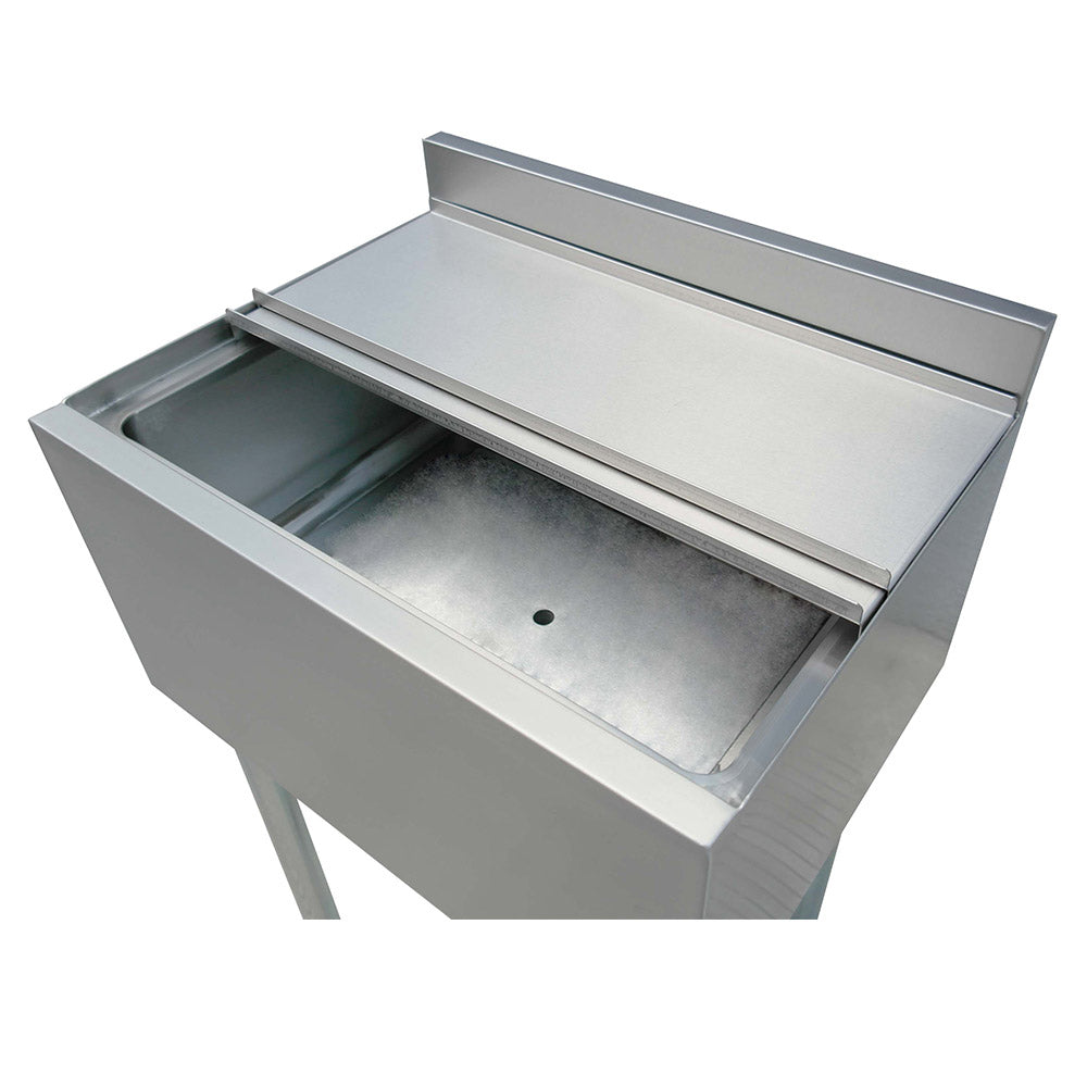 Compact Prepline 18" x 24" stainless steel underbar ice bin with a 77 lb. capacity and 12" bowl depth. Ideal for bars or small spaces, it provides efficient ice storage and accessibility while ensuring durability and a professional appearance.