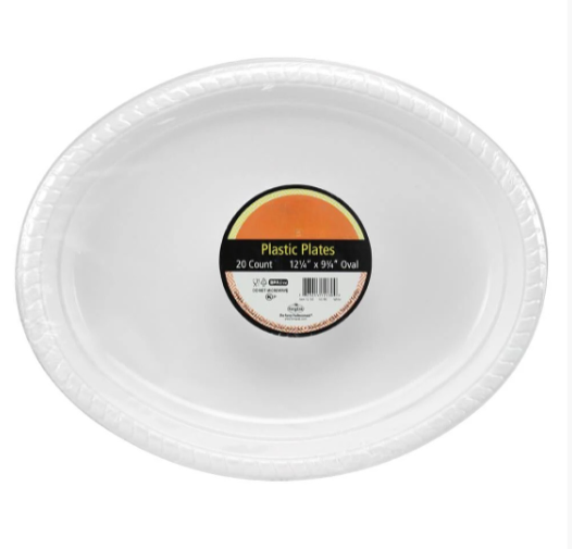 12.25"x9.75" white oval plastic plate, durable and elegant disposable dinnerware for weddings, parties, and events. Perfect for serving entrees, appetizers, and buffet-style meals.