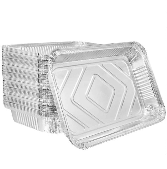 12.5"x8.5"x1.5" aluminum oblong pan with board lid for baking, cooking, and food storage. Durable, disposable, oven-safe, and recyclable. Ideal for meal prep, catering, takeout, and leftovers.
