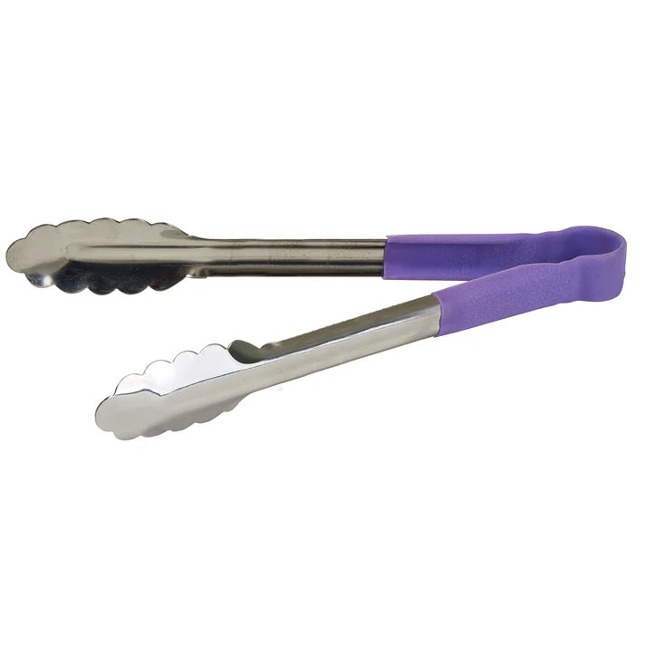 (12", 16", 9") Utility Tong 6/Pack features a long heavy-duty stainless steel utility tong and a Purple heat-resistant polypropylene coated handle. Purple color-coded tools are often designated as items that should not be used with the most common allergens (milk, eggs, peanuts, tree nuts, wheat, soy, fish, or shellfish). These tongs feature a texturized non-slip polypropylene handle that is heat-resistant up to 220 degrees F.&nbsp;