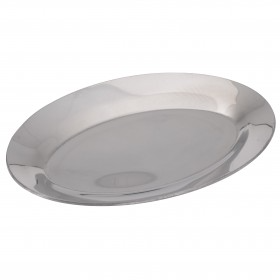  10-1/2" x 7" oval sizzle platter stanton tarding crafted from highly polished aluminum. The platter features a smooth, reflective surface, designed for both presentation and heat retention.