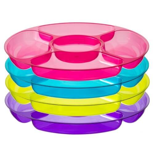 12" Assorted Tint 5-Compartment Tray – Stylish, durable plastic serving platter for appetizers, dips, and snacks. Ideal for catering, parties, and events. Lightweight, sturdy, and easy to clean.