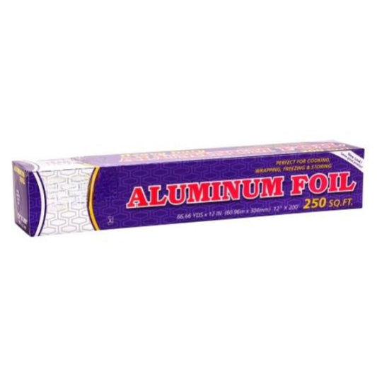 12"x250' aluminum foil roll (14 mic), durable and tear-resistant, ideal for baking, grilling, food storage, and cooking. Locks in moisture, prevents spills, and ensures even heat distribution.