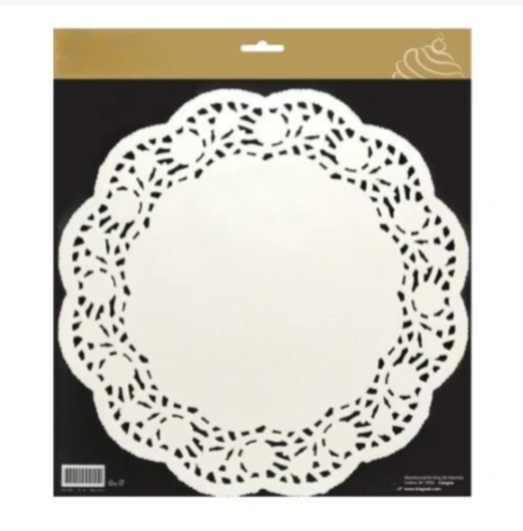 12" White Lace Doily – Elegant disposable round paper doilies for cakes, desserts, and table decor. Perfect for weddings, tea parties, and catering. Adds vintage charm to any food display.