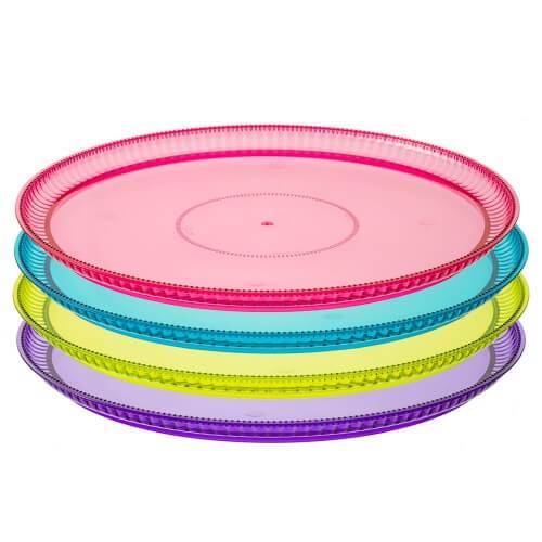 Ridged Assorted Jewel Round Tray – 12" & 16" durable serving trays with jewel-tone accents. Perfect for catering, weddings, and parties. Ideal for appetizers, snacks, and desserts. Elegant and sturdy.