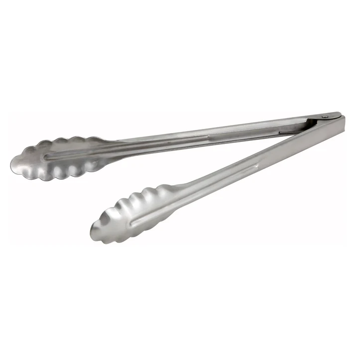 Utility Tong (12", 16", 9") 12/Pack these tongs are designed with a scalloped gripper end to provide a secure yet gentle hold and ensure touch-free food service. Holds up to constant use in both front and back-of-the-house applications. Crafted from stainless steel, these rust-resistant tongs will withstand high temperatures without warping. A staple in both home and commercial kitchen