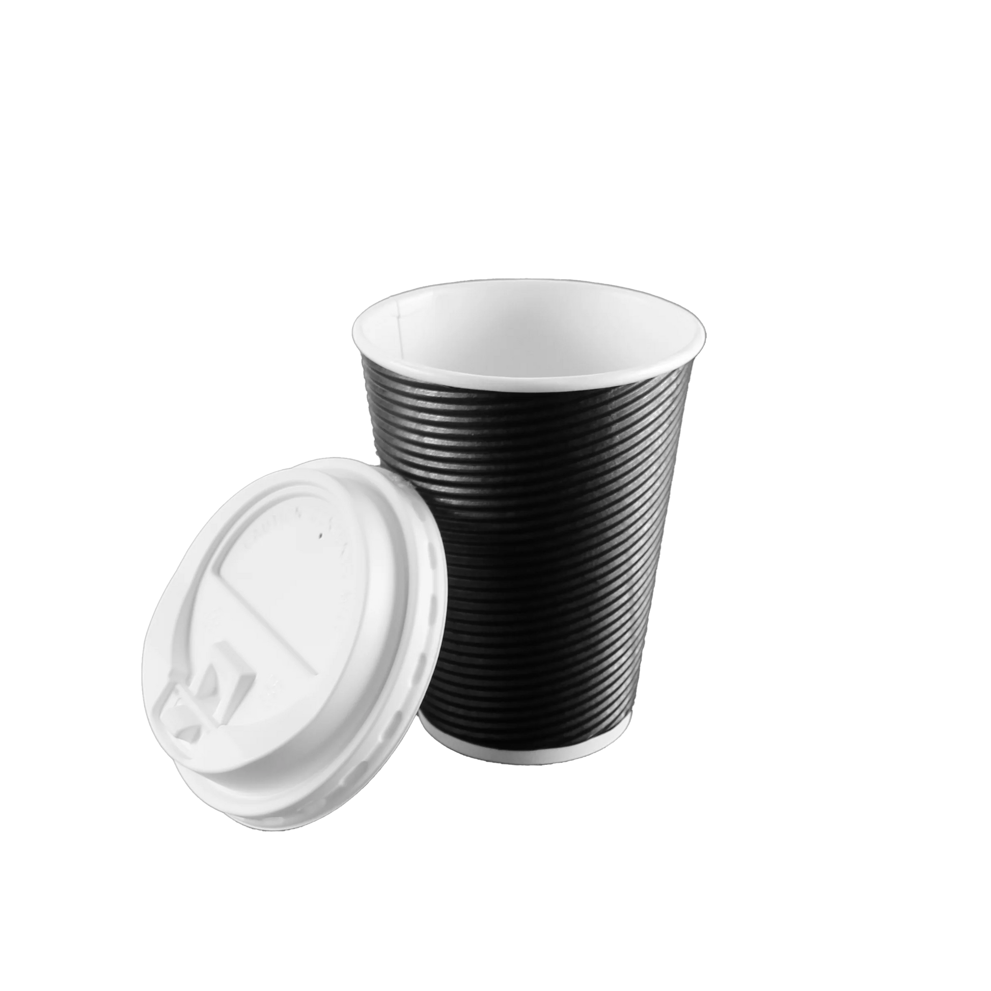 12oz Ripple Hot Cup with Lid in silver, maroon, tan, and black. Insulated for heat retention, spill-resistant, and perfect for coffee, tea, or hot beverages on the go.