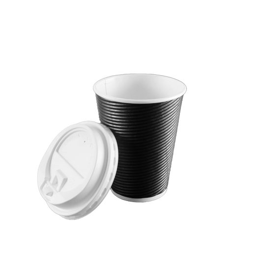12oz Ripple Hot Cup with Lid in silver, maroon, tan, and black. Insulated for heat retention, spill-resistant, and perfect for coffee, tea, or hot beverages on the go.