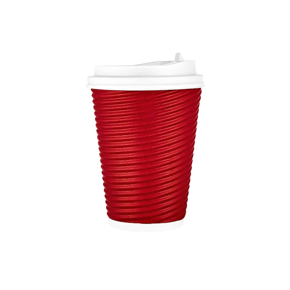 12oz Ripple Hot Cup with Lid in silver, maroon, tan, and black. Insulated for heat retention, spill-resistant, and perfect for coffee, tea, or hot beverages on the go.