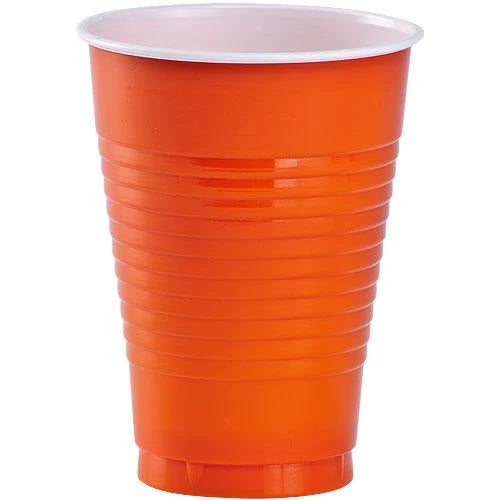 12oz Disposable Plastic Cups in Red, White, Blue, Black, Gold, Silver, Yellow, Orange, Pink, Light Blue, and Hot Pink. Sturdy, crack-resistant party cups for drinks, catering, and celebrations.