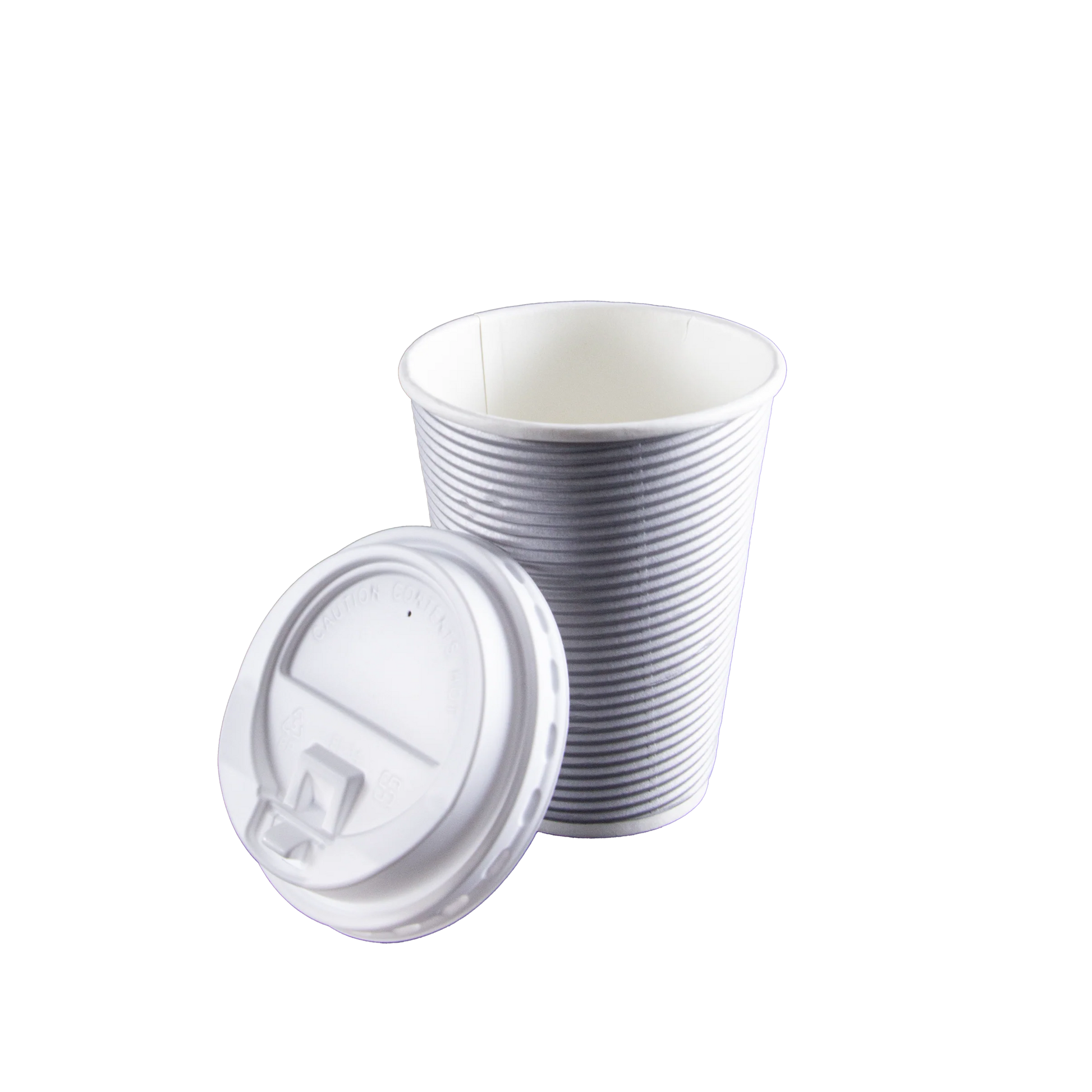 12oz Ripple Hot Cup with Lid in silver, maroon, tan, and black. Insulated for heat retention, spill-resistant, and perfect for coffee, tea, or hot beverages on the go.