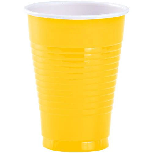 12oz Disposable Plastic Cups in Red, White, Blue, Black, Gold, Silver, Yellow, Orange, Pink, Light Blue, and Hot Pink. Sturdy, crack-resistant party cups for drinks, catering, and celebrations.
