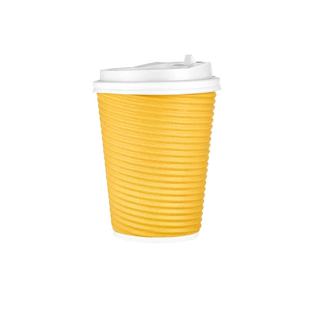 12oz Ripple Hot Cup with Lid in silver, maroon, tan, and black. Insulated for heat retention, spill-resistant, and perfect for coffee, tea, or hot beverages on the go.