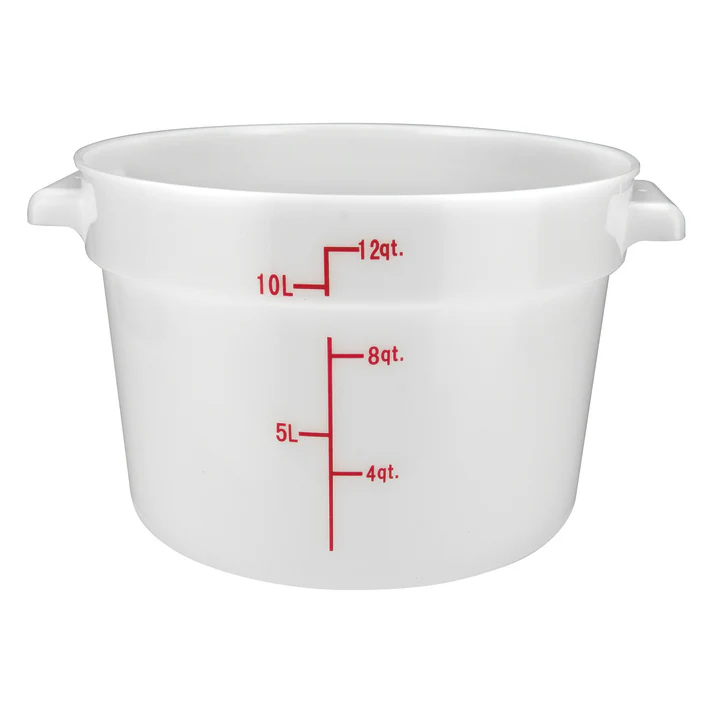 (12qt 12/Pack, 18qt 6/Pack, 1qt 12/Pack, 22qt 6/Pack, 2qt 12/Pack, 4qt 12/Pack, 6qt 12/Pack, 8qt 12/Pack) Round Storage Container is ideal for keeping fruits, vegetables, spices and more. Due to its white break resistant polypropylene construction with build in handles, the container is extremely durable and withstands temperatures from -40°F to 160°F. Red gradations on the container assist in measuring food accurately. This container's round design is ideal for compact stacking and storage.