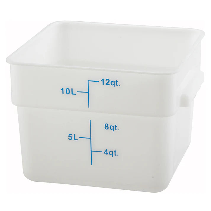 Square Storage Container is an essential item for both home and commercial kitchens. Ideal for keeping fruits, vegetables, spices and more. Due to its break resistant polypropylene construction with build in handles, the container is extremely durable and withstands temperatures from -40°F to 160°F. Translucent container allows you to see what is inside of it for fast and efficient service. Blue gradations on the container assist in measuring food accurately.