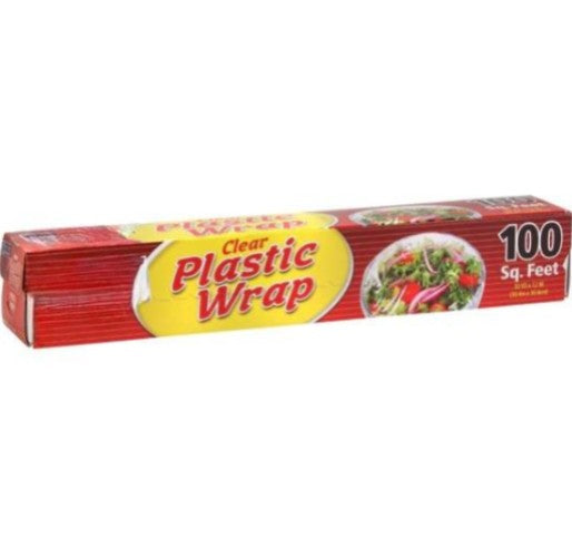 12" x 100' plastic wrap, food-safe, cling wrap, durable, stretchable, easy-dispense, BPA-free, black and white, kitchen storage, meal prep, leftovers, catering, commercial, home use.