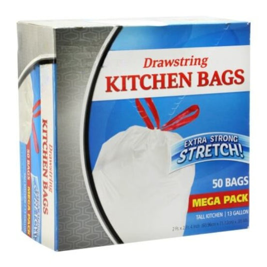 13-gallon extra-strong tall kitchen trash bags with drawstring. Heavy-duty, leak-proof, and odor control. Tear-resistant liners for home, office, and commercial use. Secure, easy-tie closure.
