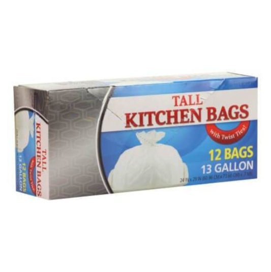 13-gallon tall kitchen trash bags with leak-proof, tear-resistant design. Strong and durable for home, office, and commercial use. Secure fit for easy disposal, preventing spills and odors.