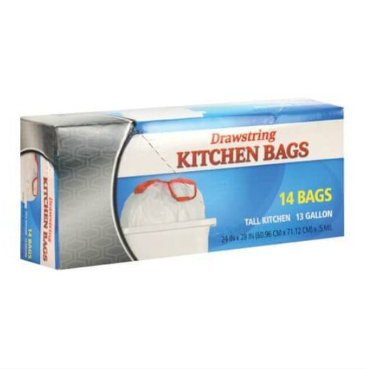 13-gallon tall kitchen trash bags with drawstring. Heavy-duty, leak-proof, and tear-resistant for secure waste disposal. Strong, durable liners with odor control for home, office, and commercial use.