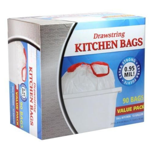 13-gallon tall kitchen trash bags with drawstring. Heavy-duty, tear-resistant, leak-proof, and odor control. Strong, durable liners for home, office, and commercial use. Secure, easy-tie closure.