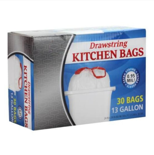 13-gallon tall kitchen trash bags with drawstring. Tear-resistant, leak-proof, and odor control. Strong, durable liners for home, office, and commercial use. Easy-tie closure for secure waste disposal.