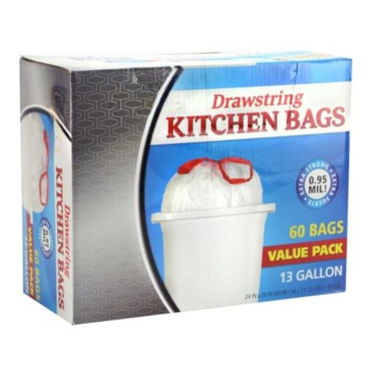 13-gallon tall kitchen trash bags with drawstring. Heavy-duty, leak-proof, and odor control. Tear-resistant liners for home, office, and commercial use. Secure, easy-tie closure for mess-free disposal.