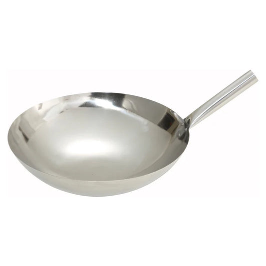 (14", 16") Wok 12/Pack provides excellent heat conduction ensuring that the food is cooked at a consistent temperature. It is designed with a riveted handle and constructed of durable stainless steel with a mirror finish. Great for any restaurant.