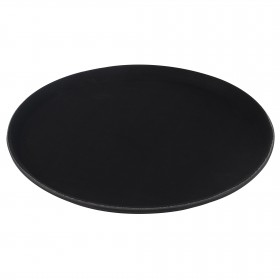 14-inch round black tray stanton trading with a rubber-lined surface, made from plastic. This non-slip tray is commonly used in food service settings like restaurants and bars to prevent spills while carrying drinks or plates. The rubber lining provides extra grip, making it a reliable choice for servers and bartenders.