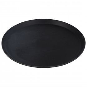 14-inch round black tray stanton trading with a rubber-lined surface, made from fiberglass. This non-slip tray is commonly used in food service settings like restaurants and bars to prevent spills while carrying drinks or plates. The rubber lining provides extra grip, making it a reliable choice for servers and bartenders.