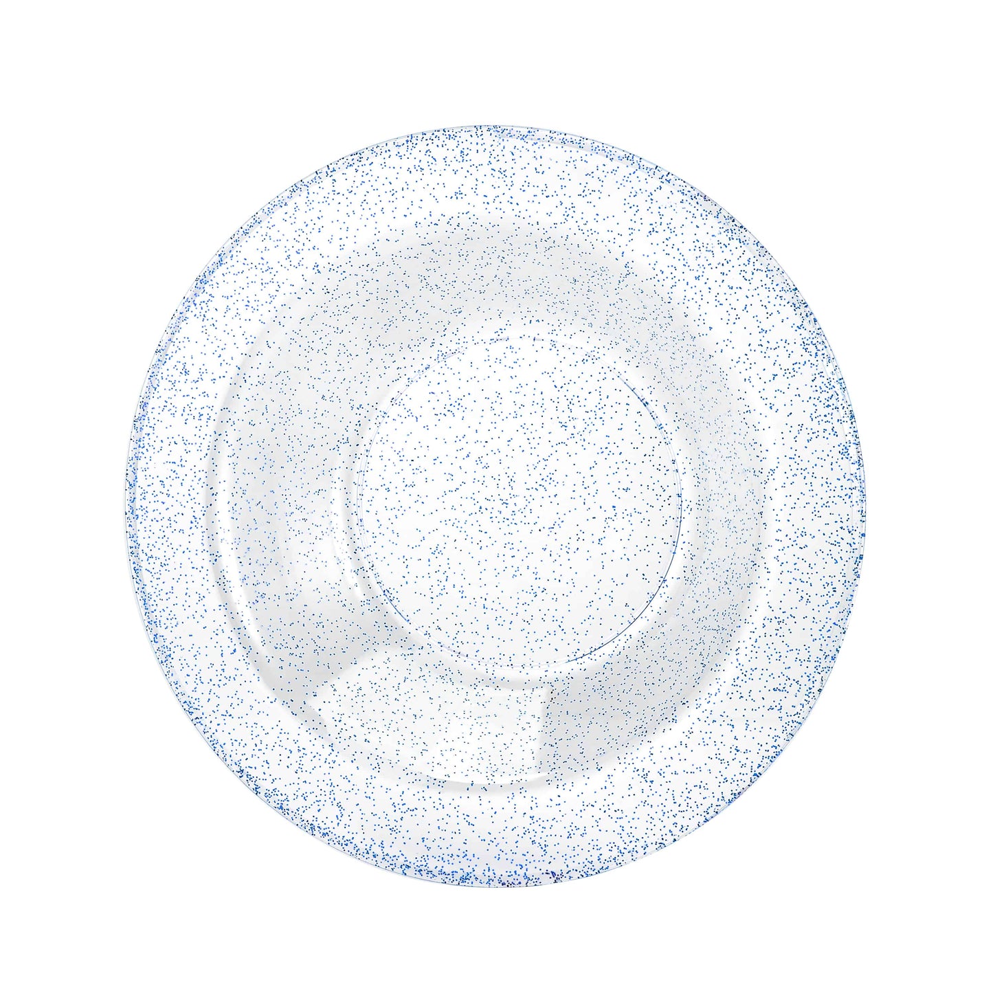 Blue glitter bowls in 5oz and 14oz sizes; elegant disposable design for serving soups, desserts, and snacks at weddings, parties, and special occasions