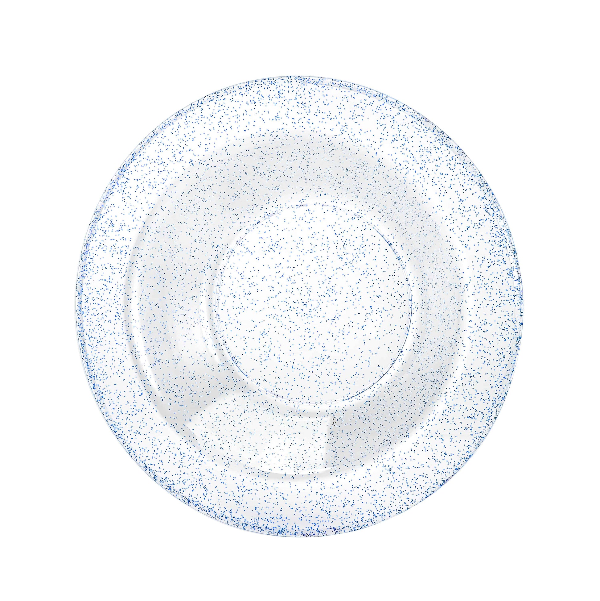 Blue glitter bowls in 5oz and 14oz sizes; elegant disposable design for serving soups, desserts, and snacks at weddings, parties, and special occasions