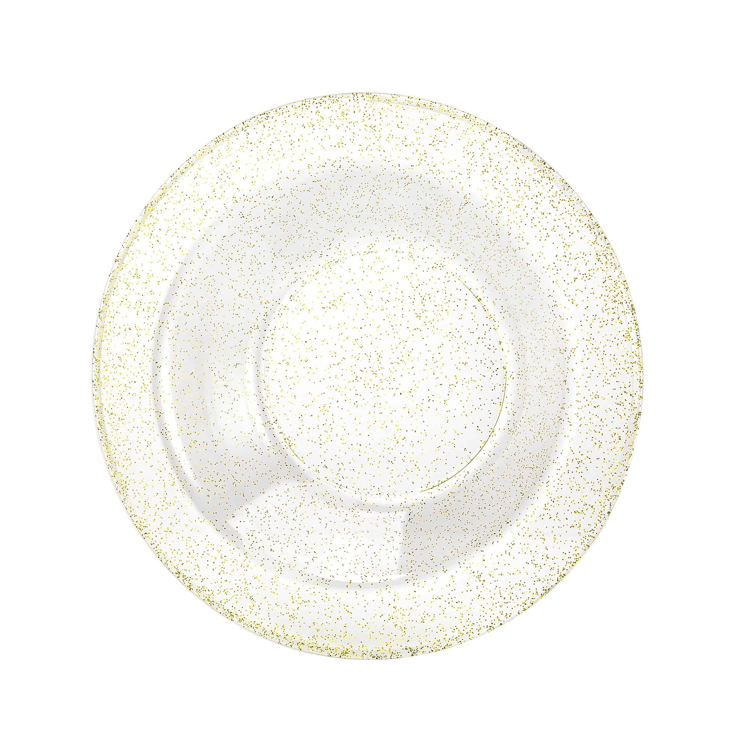 Gold glitter bowls in 5oz and 14oz sizes; sturdy disposable design for serving soups, desserts, and snacks at weddings, parties, and events