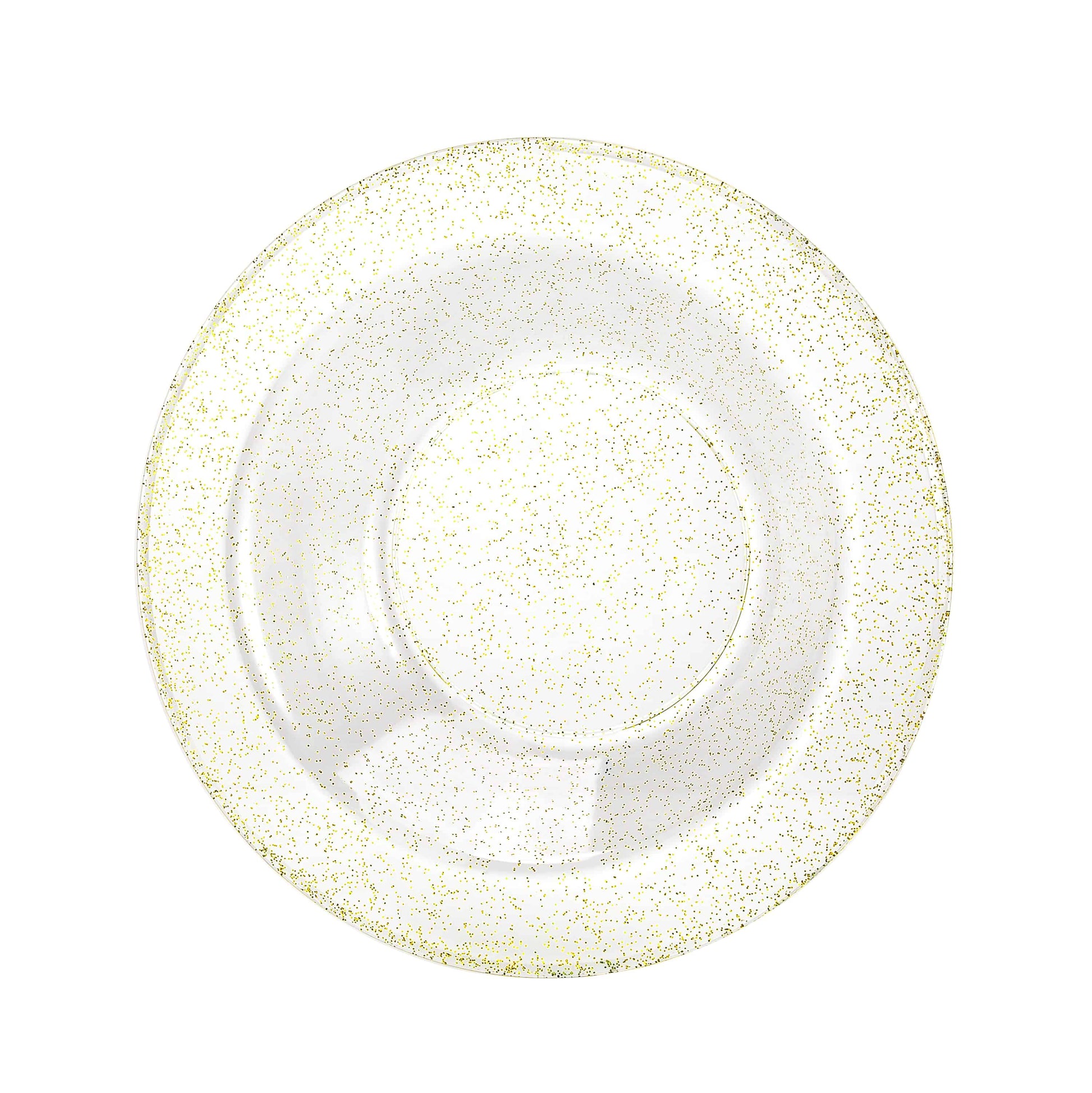 Gold glitter bowls in 5oz and 14oz sizes; sturdy disposable design for serving soups, desserts, and snacks at weddings, parties, and events