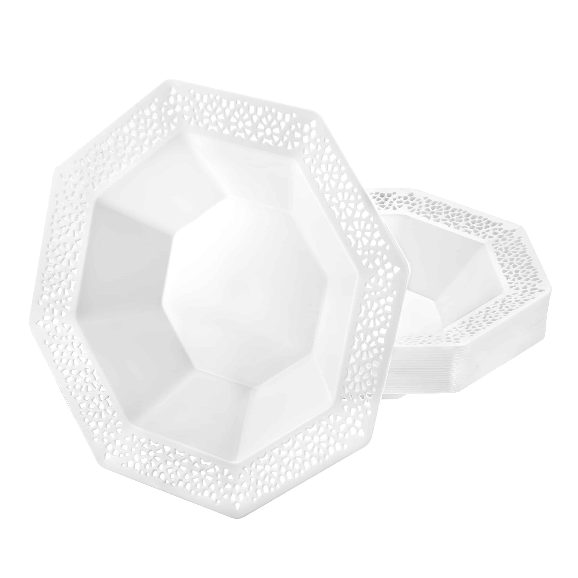 Lacetagon Pearl Bowls in 5oz and 14oz sizes; elegant disposable design for serving soups, desserts, and snacks at weddings and upscale events