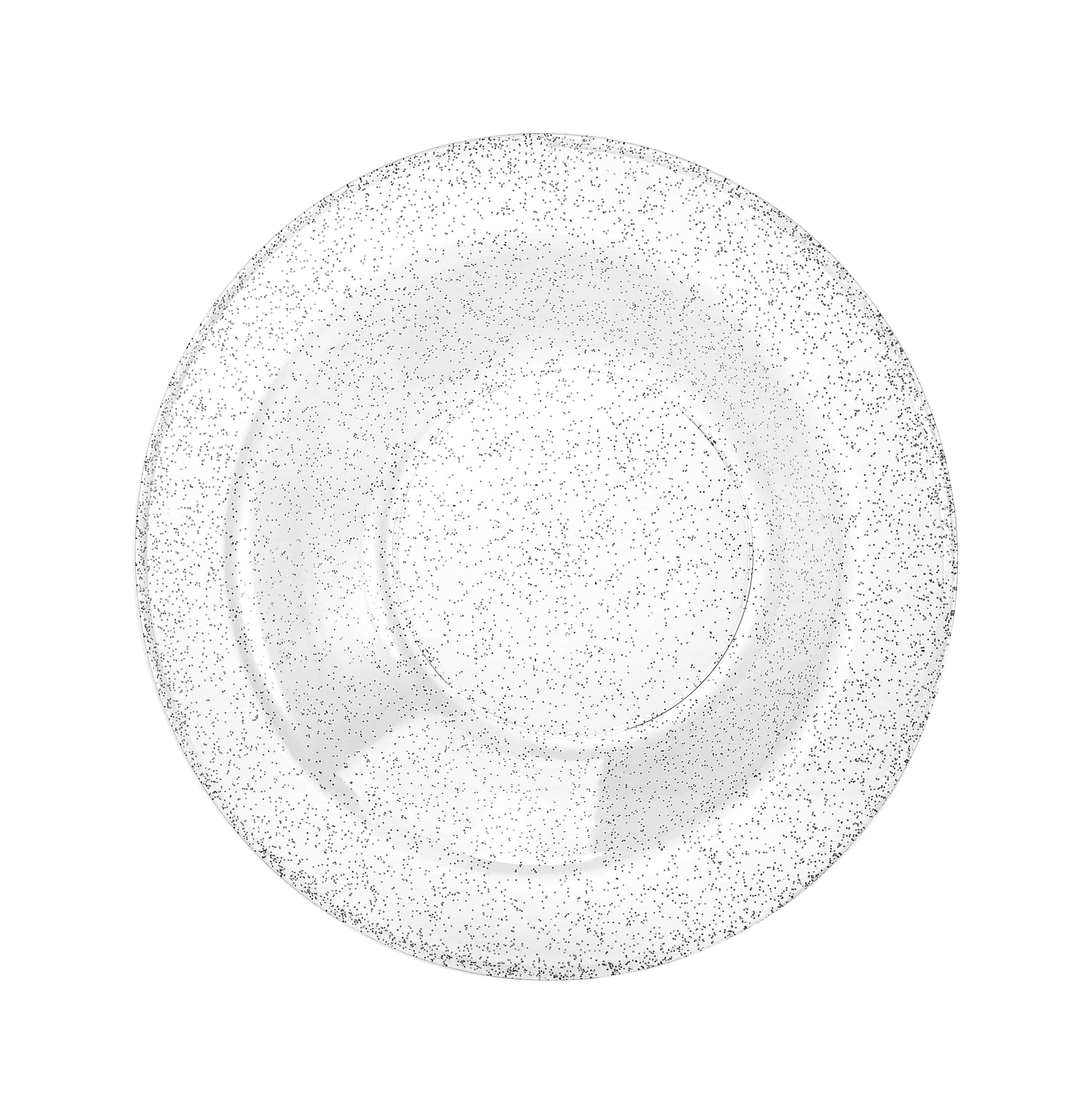 Silver glitter bowls in 5oz and 14oz sizes; elegant disposable design for serving desserts, soups, and snacks at weddings, parties, and special events