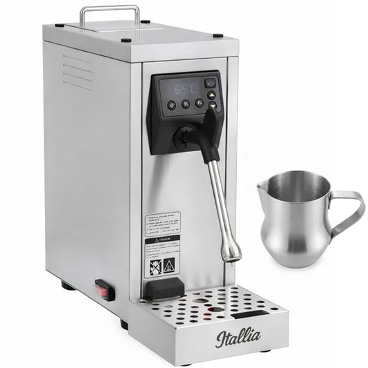 Coldline OLO MS08 automatic pourover milk steamer with 120V power, stainless steel construction, and precision digital temperature control for smooth, consistent milk frothing. Ideal for cafés, coffee shops, and baristas needing fast, reliable steaming for lattes, cappuccinos, and specialty drinks.