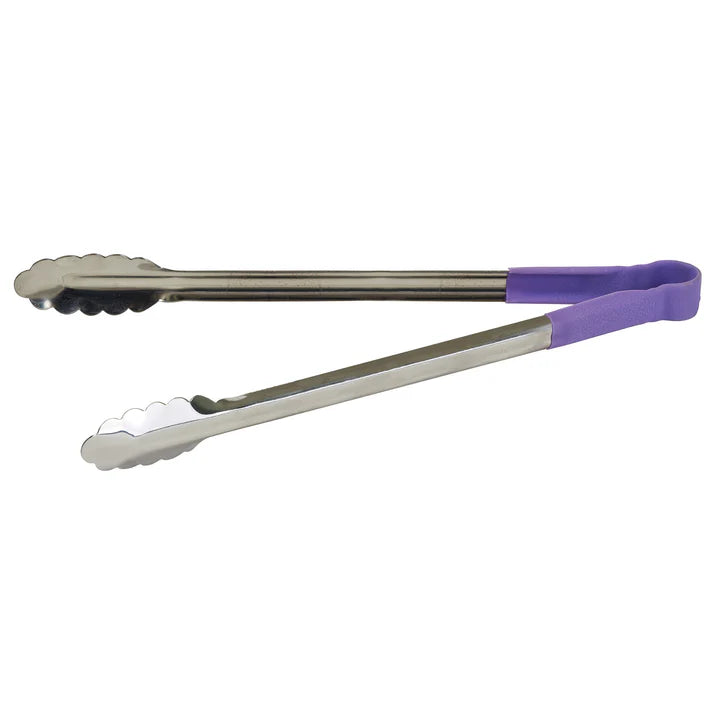 (12", 16", 9") Utility Tong 6/Pack features a long heavy-duty stainless steel utility tong and a Purple heat-resistant polypropylene coated handle. Purple color-coded tools are often designated as items that should not be used with the most common allergens (milk, eggs, peanuts, tree nuts, wheat, soy, fish, or shellfish). These tongs feature a texturized non-slip polypropylene handle that is heat-resistant up to 220 degrees F.&nbsp;