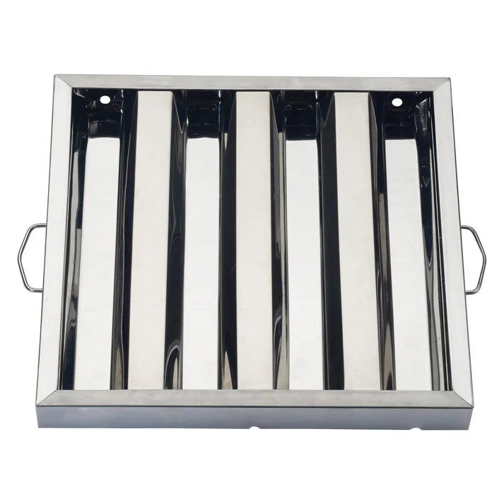 (16"Hx16"W, 20"Hx16"W, 25"Hx16"W, 16"Hx20"W, 20"Hx20"W, 25"Hx20"W, 20"Hx25"W) Hood Filter 6/Pack made from durable stainless steel which is rust proof, corrosion resistant and easy to clean and maintain. This hood filter is great for fast-paced food service establishments and is designed to drain grease into the smooth baffles to prevent fire hazards. Featuring convenient drop handles, setting up this filter is easy.