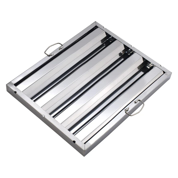 (16"Hx16"W, 20"Hx16"W, 25"Hx16"W, 16"Hx20"W, 20"Hx20"W, 25"Hx20"W, 20"Hx25"W) Hood Filter 6/Pack made from durable stainless steel which is rust proof, corrosion resistant and easy to clean and maintain. This hood filter is great for fast-paced food service establishments and is designed to drain grease into the smooth baffles to prevent fire hazards. Featuring convenient drop handles, setting up this filter is easy.