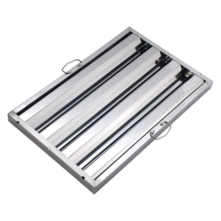 (16"Hx16"W, 20"Hx16"W, 25"Hx16"W, 16"Hx20"W, 20"Hx20"W, 25"Hx20"W, 20"Hx25"W) Hood Filter 6/Pack made from durable stainless steel which is rust proof, corrosion resistant and easy to clean and maintain. This hood filter is great for fast-paced food service establishments and is designed to drain grease into the smooth baffles to prevent fire hazards. Featuring convenient drop handles, setting up this filter is easy.