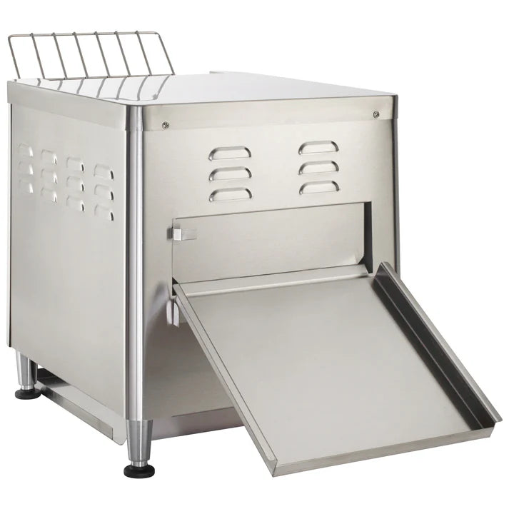 Spectrum Electric Conveyor Toaster 1/Pack can toast up to 300 slices per hour, ideal for use in busy restaurants, diners, and buffets. An upper and lower heating element can be operated independently making this commercial conveyor toaster perfect for toasting bagels, bread, buns, and even pizzas. The variable-speed dial allows for precise speed control ensuring the perfect doneness. A wide shoot and extra wide return ramp prevent food from getting stuck for a seamless toasting experience.