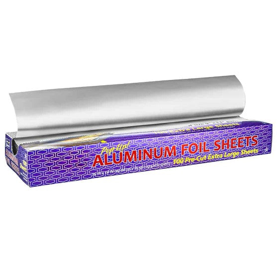 16"x14" pre-cut aluminum foil sheets, 18-mic thick, heavy-duty, tear-resistant, perfect for grilling, baking, cooking, and food storage in restaurants, catering, and home kitchens.
