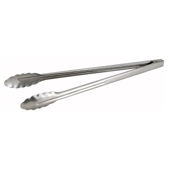 Utility Tong (12", 16", 9") 12/Pack these tongs are designed with a scalloped gripper end to provide a secure yet gentle hold and ensure touch-free food service. Holds up to constant use in both front and back-of-the-house applications. Crafted from stainless steel, these rust-resistant tongs will withstand high temperatures without warping. A staple in both home and commercial kitchen