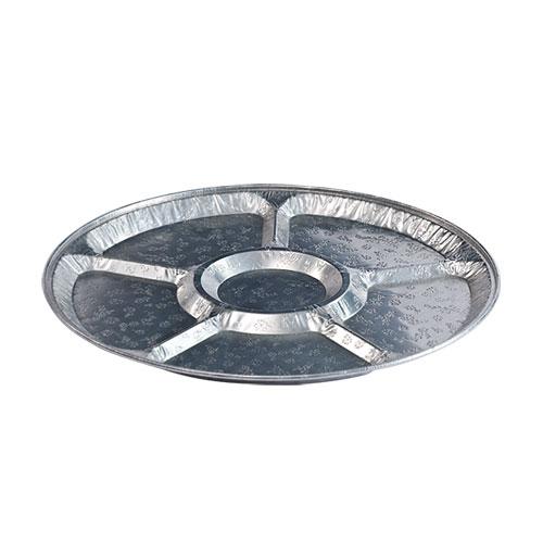 Aluminum Lazy Susan tray, rotating serving platter in 12", 16", and 18" sizes, perfect for dining tables, buffets, catering, and organizing condiments or snacks. Lightweight and durable.