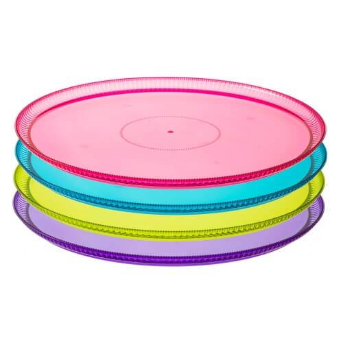 Ridged Assorted Jewel Round Tray – 12" & 16" durable serving trays with jewel-tone accents. Perfect for catering, weddings, and parties. Ideal for appetizers, snacks, and desserts. Elegant and sturdy.