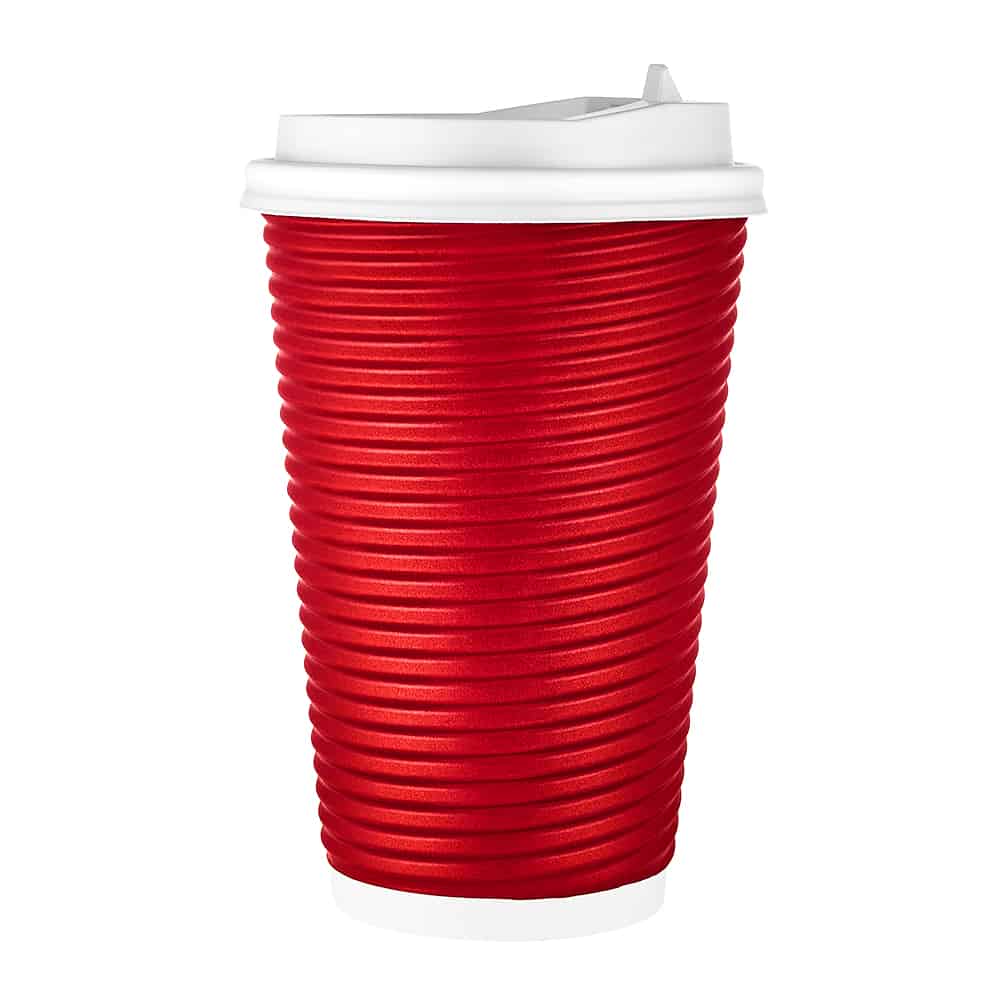 16oz Ripple Hot Cup with Lid in silver, maroon, tan, and black. Insulated, spill-resistant, and perfect for hot coffee, tea, or beverages at home, in the office, or on the go.