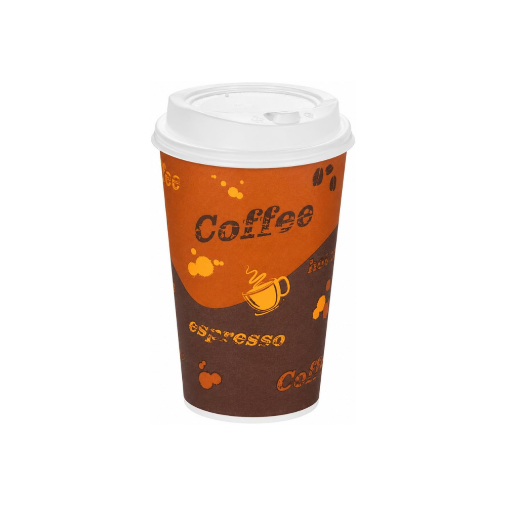 16oz Brown Disposable Coffee Hot Paper Cups with White Dome Lids