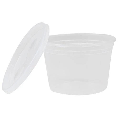 Plastic deli container with lid, available in 16oz & 32oz. BPA-free, leak-resistant, microwave-safe & stackable. Perfect for meal prep, takeout, food storage, soups, salads & catering needs.